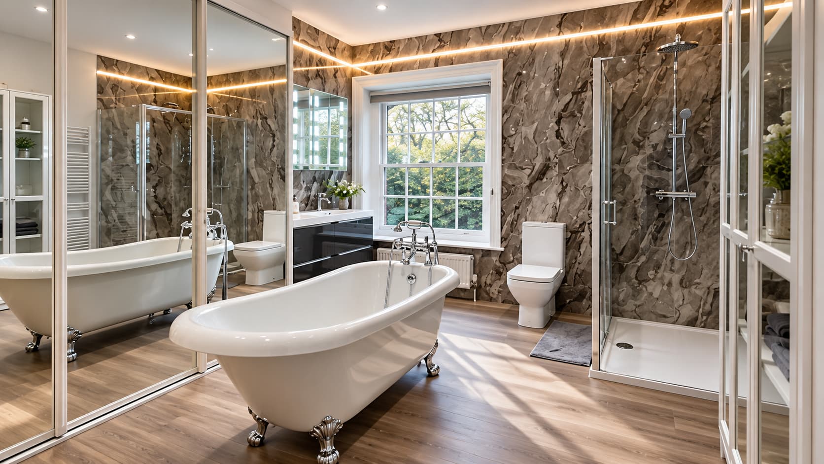 Completed family bathroom with freestanding bath in Hampshire by BMS