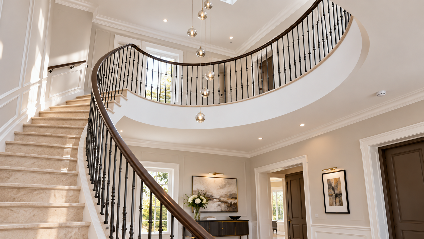 Bespoke curved staircase with iron balustrade completed by BMS