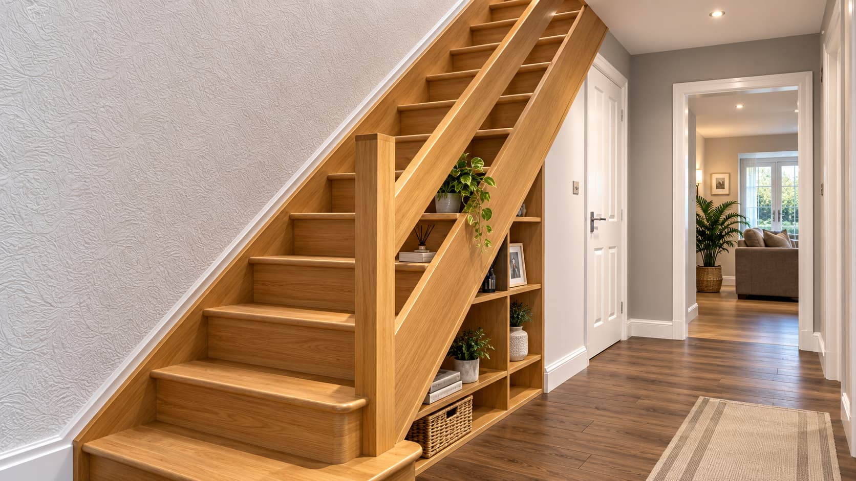 Oak staircase with understairs storage completed by BMS