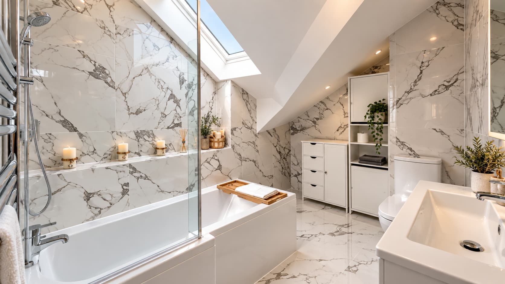 Completed loft bathroom renovation with marble tiling in Hampshire by BMS